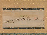 The Tale of Sumiyoshi, a) Painting section from a handscroll mounted as a hanging scroll; ink and color on paper
b) Calligraphy from handscroll section mounted as a hanging scroll; ink on paper, Japan