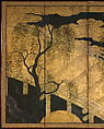 Willows and Bridge, Pair of six-panel folding screens; ink, color, copper, gold, and gold leaf on paper, Japan
