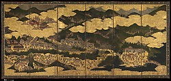Cherry Blossom Viewing at Itsukushima and Yoshino, Pair of six-panel folding screens; ink, color, and gold leaf on paper, Japan