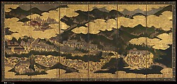 Cherry Blossom Viewing at Itsukushima and Yoshino, Pair of six-panel folding screens; ink, color, and gold leaf on paper, Japan