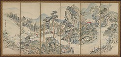 Orchid Pavilion Gathering; Autumn Harvest Festival, Ike Taiga (Japanese, 1723–1776), Pair of six-panel folding screens; ink and color on paper, Japan