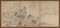 Orchid Pavilion Gathering; Autumn Harvest Festival, Ike no Taiga (Japanese, 1723–1776), Pair of six-panel folding screens; ink and color on paper, Japan