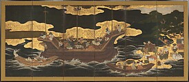 Arrival of the Europeans, Pair of six-panel folding screens; ink, color, gold, and gold leaf on paper, Japan