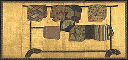 Tagasode (“Whose Sleeves?”), Pair of six-panel folding screens; ink, color, gold, silver, and gold leaf on paper , Japan