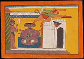 The Monkey Prince Angada Steals Ravana’s Crown: Folio from the dispersed Shangri Ramayana series (Style III), Opaque watercolor on paper, India, Punjab Hills, kingdom of Jammu (Bahu)