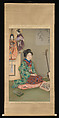 Female Chanter for Jōruri Puppet Theater, Arai Kōu (Japanese, active early 20th century), Hanging scroll; ink, color, and gold on silk, Japan