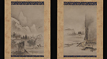 Two Views from the Eight Views of the Xiao and Xiang Rivers, Kantei (Japanese, active second half of 15th century), Pair of hanging scrolls; ink and color on paper, Japan
