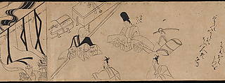 "Akashi", "Channel Buoys" ("Miotsukushi"),  "The Wormwood Patch" ("Yomogiu"),  "Gatehouse" ("Sekiya"), and  "Picture Contest" ("E-awase") chapters from the Tale of Genji (Genji monogatari), Handscroll; ink on paper, Japan