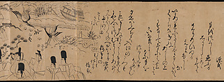 "Akashi", "Channel Buoys" ("Miotsukushi"),  "The Wormwood Patch" ("Yomogiu"),  "Gatehouse" ("Sekiya"), and  "Picture Contest" ("E-awase") chapters from the Tale of Genji (Genji monogatari), Handscroll; ink on paper, Japan