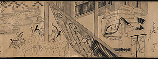 "Akashi", "Channel Buoys" ("Miotsukushi"),  "The Wormwood Patch" ("Yomogiu"),  "Gatehouse" ("Sekiya"), and  "Picture Contest" ("E-awase") chapters from the Tale of Genji (Genji monogatari), Handscroll; ink on paper, Japan