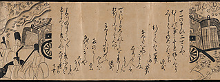 "Akashi", "Channel Buoys" ("Miotsukushi"),  "The Wormwood Patch" ("Yomogiu"),  "Gatehouse" ("Sekiya"), and  "Picture Contest" ("E-awase") chapters from the Tale of Genji (Genji monogatari), Handscroll; ink on paper, Japan