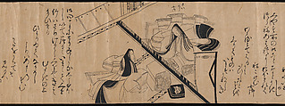 "Akashi", "Channel Buoys" ("Miotsukushi"),  "The Wormwood Patch" ("Yomogiu"),  "Gatehouse" ("Sekiya"), and  "Picture Contest" ("E-awase") chapters from the Tale of Genji (Genji monogatari), Handscroll; ink on paper, Japan