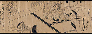"Akashi", "Channel Buoys" ("Miotsukushi"),  "The Wormwood Patch" ("Yomogiu"),  "Gatehouse" ("Sekiya"), and  "Picture Contest" ("E-awase") chapters from the Tale of Genji (Genji monogatari), Handscroll; ink on paper, Japan