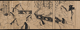 "Akashi", "Channel Buoys" ("Miotsukushi"),  "The Wormwood Patch" ("Yomogiu"),  "Gatehouse" ("Sekiya"), and  "Picture Contest" ("E-awase") chapters from the Tale of Genji (Genji monogatari), Handscroll; ink on paper, Japan