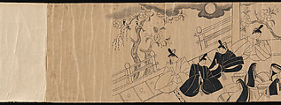 "Akashi", "Channel Buoys" ("Miotsukushi"),  "The Wormwood Patch" ("Yomogiu"),  "Gatehouse" ("Sekiya"), and  "Picture Contest" ("E-awase") chapters from the Tale of Genji (Genji monogatari), Handscroll; ink on paper, Japan
