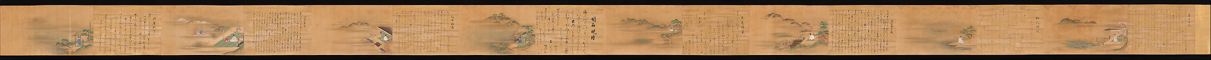 Eight Views from The Tale of Genji, Ishiyama Moroka (Japanese, 1669–1734), Handscroll; ink, color, and gold on silk, Japan