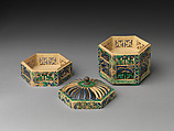 Reticulated Tiered Box with Pine Needles, Plum Blossoms, and Chrysanthemums, Stoneware with polychrome enamels over a transparent glaze (Kyoto ware, Ko-Kiyomizu type), Japan