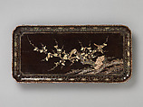 Rectangular tray with flowering plums and birds, Black lacquer with mother-of-pearl inlay, China