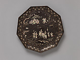 Tray with figures in a landscape, Black lacquer with inlaid mother-of-pearl, China