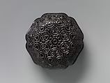 Hexagonal box with inverted corners, Carved black lacquer with red layers, China