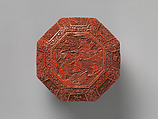 Octagonal box with scene of immortals, Carved red lacquer, China