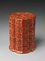 Four-tiered box with scholars, Carved red lacquer, China