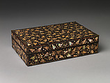 Stationery box decorated with peony scrolls, Lacquer inlaid with mother-of-pearl; brass fittings, Korea