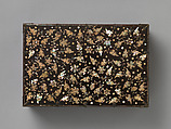 Stationery box decorated with peony scrolls, Lacquer inlaid with mother-of-pearl; brass fittings, Korea