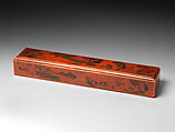 Rectangular box with scene of a visit, Red lacquer painted with gold and oil colors, China