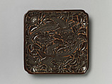 Square dish with long-tailed birds and camellias, Carved black lacquer, China