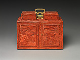 Cabinet with figures in a landscape, Carved red lacquer; gilt bronze fittings, China
