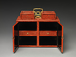 Cabinet with figures in a landscape, Carved red lacquer; gilt bronze fittings, China