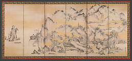 Jinshan Island and West Lake, Kano Sanraku (Japanese, 1559–1635), Pair of six-panel folding screens; ink, color, and gold on paper, Japan