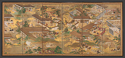 Fifty-Four Scenes from The Tale of Genji, Pair of six-panel folding screens; ink, color, gold, and gold leaf on paper, Japan