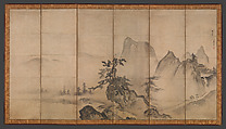 Mountain Landscape, Traditionally attributed to Tenshō Shūbun (Japanese, active 1414–before 1463), Pair of six-panel folding screens; ink and color on paper, Japan