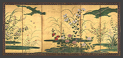 Flowers and Grasses of the Four Seasons, Circle of Kano Mitsunobu 狩野光信 (Japanese, 1565–1608), Pair of six-panel folding screens; ink, color, gold paint, and gold leaf on paper, Japan