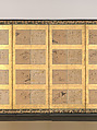 Forty-nine scenes from the Tales of Ise, Attributed to Satomura Genchin (Japanese, 1591–1665), Pair of six-panel folding screens, with ninety-eight paintings and poem cards (shikishi) applied to gold leaf on paper; paintings: ink and red ink on paper, text: ink on paper, Japan