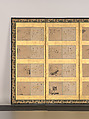 Forty-nine scenes from the Tales of Ise, Attributed to Satomura Genchin (Japanese, 1591–1665), Pair of six-panel folding screens, with ninety-eight paintings and poem cards (shikishi) applied to gold leaf on paper; paintings: ink and red ink on paper, text: ink on paper, Japan