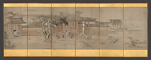 Taking Shelter from the Rain, Hanabusa Itchō (Japanese, 1652–1724), Six-panel folding screen; ink and color on paper, Japan