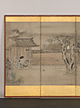 Taking Shelter from the Rain, Hanabusa Itchō (Japanese, 1652–1724), Six-panel folding screen; ink and color on paper, Japan