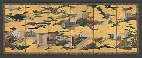 Scenes from the Tales of Ise, Pair of six-panel folding screens; ink, color, and gold on paper, Japan
