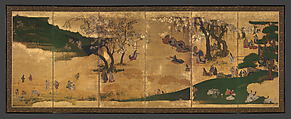 Cherry-Blossom and Maple-Leaf Viewing, Pair of six-panel folding screens; ink, color, and gold on gilded paper, Japan