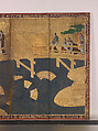 Women on a Bridge Tossing Fans into a River, Six-panel folding screen; ink, color, gold, and gold leaf on paper, Japan