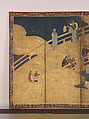Women on a Bridge Tossing Fans into a River, Six-panel folding screen; ink, color, gold, and gold leaf on paper, Japan