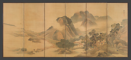 Travels through Mountains and Fields, Yosa Buson (Japanese, 1716–1783), Pair of six-panel folding screens; ink and color on silk, Japan