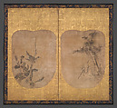 Daoist Sage and Hawk, Soga Nichokuan (Japanese, active mid-17th century), Pair of fan-shaped paintings mounted on two-panel folding screen; ink on paper, Japan