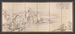 Lake Biwa in Four Seasons, Nukina Kaioku (Japanese, 1778–1863), Pair of six-panel folding screens; ink and color on paper, Japan