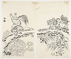 Lions Dancing Among Peonies on Stone Bridge, Unidentified, Ink on tissue paper, Japan