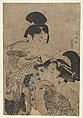 Two women with falcons, Unidentified, Handcolored woodcut, Japan