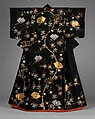 Outer Robe (Uchikake) with Mandarin Oranges and Folded-Paper Butterflies, Tie-dyed satin damask with silk embroidery and couched gold thread, Japan